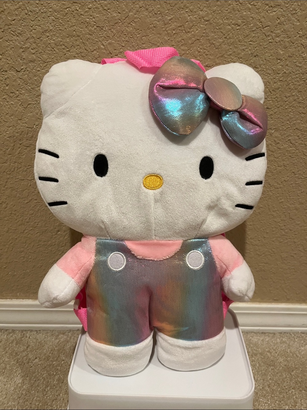 Hello Kitty Plush Backpack - White with Iridescent Rainbow Bow and Overalls